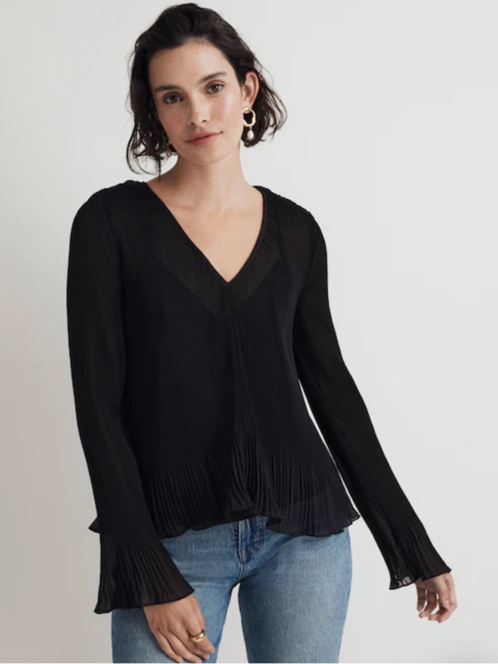 Madewell Black Pleated Flare Sleeve Top